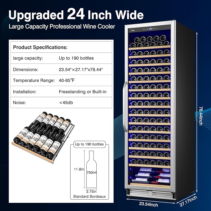 Upgraded 190 Bottles Wine Cooler Refrigerator,24 Inch Wide Wine Fridge with Professional Temperature Control System, Freestanding or Built-in installation, Quiet Operation - Image 7