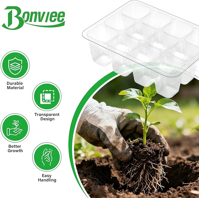 Bonviee 12 Packs Seed Starter Tray with Drainage Holes, Reusable & Durable, Clear for Root Monitoring, Easy to Repotted Without Root Damage, 12 Cells per Tray - Image 6