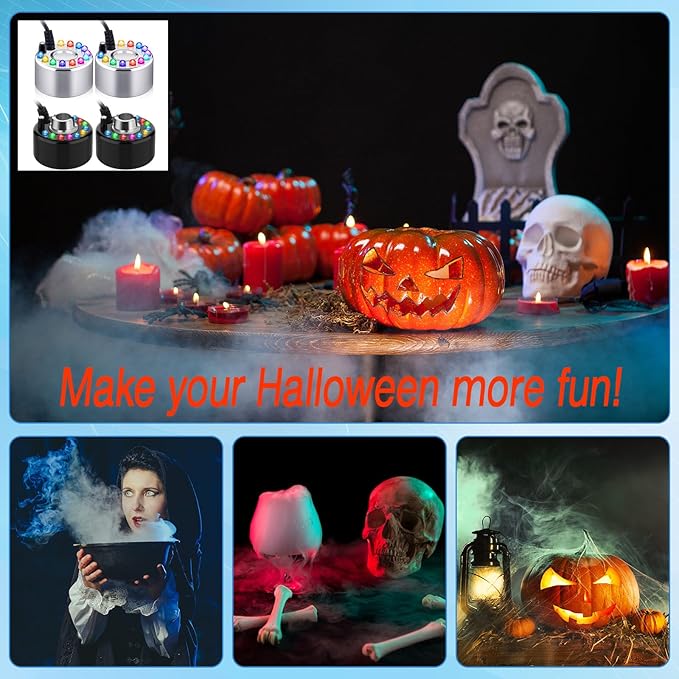 Yaomiao 4 Piece Halloween Mist Maker Fogger Small Ultrasonic Fog Machine Fountain Mister Fogger Water Garden Pond Foggers Air Humidifier with 12 LED Light Flashes for Halloween (Black and Silver) - Image 7