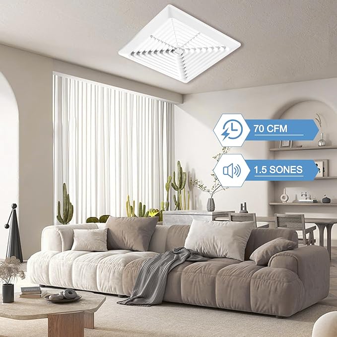Bathroom Exhaust Fan 70CFM 2.0Sone, 3-Inch Duct, Quiet,Energy Star Certified, Easy to Install, No Attic Access Needed,Ceiling or Wall Mounted, Classic White Grille - Image 2