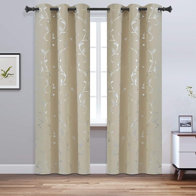 BUHUA Grommet Top Curtains Print Flower Vine Blackout Curtains Room Darkening Window Curtains for Living Room Beige 38W×96L Inch 1 Pair - Image 2