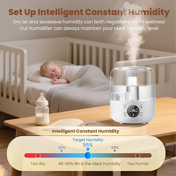 Humidifiers for Bedroom Baby, QWUE Top Fill 3L Humidifier Large Room, Easy to Fill & Clean, 28dB Quiet Cool Mist Air Humidifier for Plants, Home, Nursery, Allergy Relief, Auto Shut-off and BPA-Free - Image 4