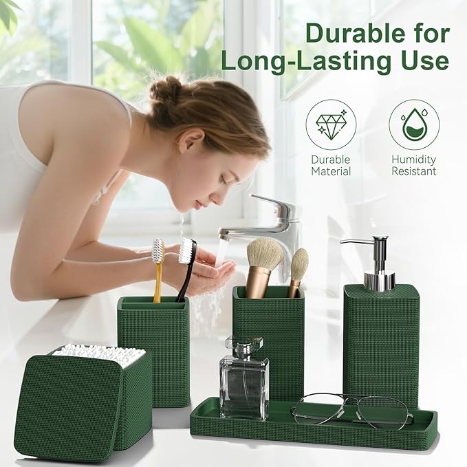 Dark Green Bathroom Accessories Set 5 Pieces, Resin Toothbrush Holders Set Complete with Soap Dispenser, Toothbrush Holder, Vanity Tray, Bathroom Tumbler and Qtip Holder for Small Spaces - Image 3