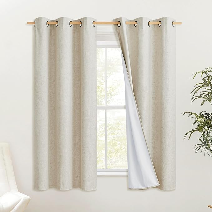 NICETOWN Natural Kitchen 100% Blackout Narrow Curtains 48 inches Long 2 Panels Set, 34" Wide, Rustic Grommet Thermal Insulated Full Blackout Window Draperies with White Liners for Cupboard by NICETOWN