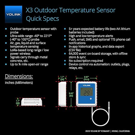 YoLink Smart X3 Version Outdoor Temperature Data Logger with Probe, Thermometer, 1/4 Mile Range, 5+ Years Battery Life, Emails, Text, App Alerts, Alexa, IFTTT. Pool, Hot Tub, Fish Tank. Hub Included! - Image 3