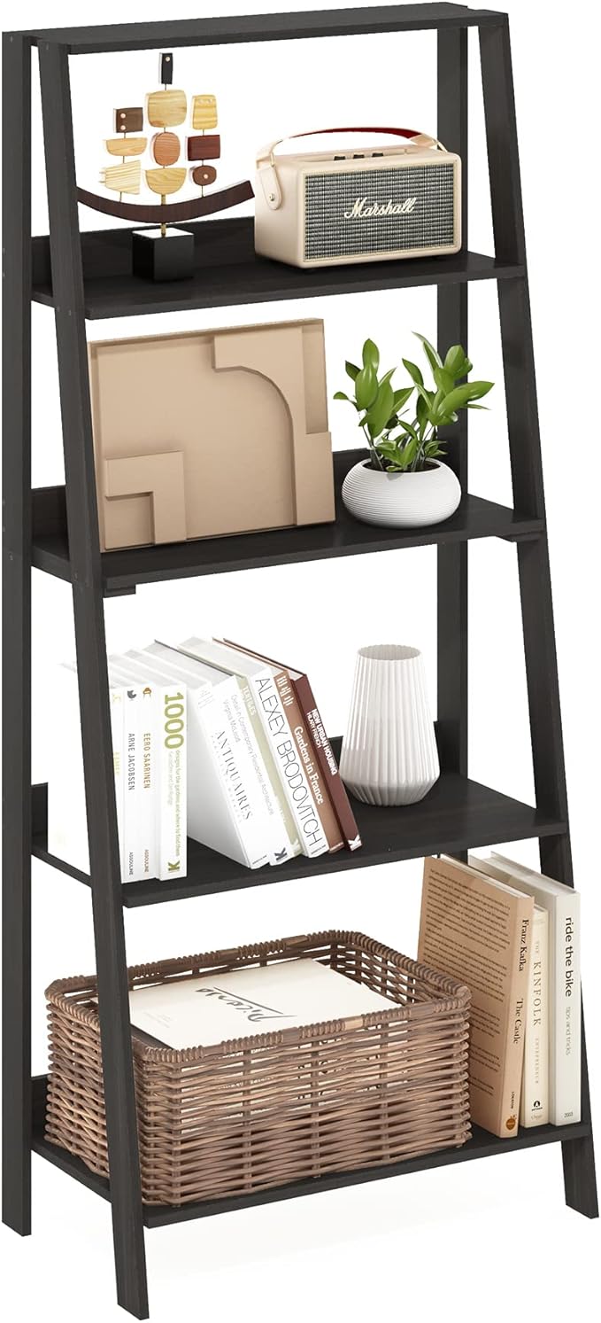 Furinno Ladder Book Shelf, 5-Tier Ladder Shelf, Bookshelf, Display Storage Shelves, 13 x 23.6 x 53.5, for Living Room, Home Office, Black Espresso by Furinno-FitsYourSpaceFitsYourBudget