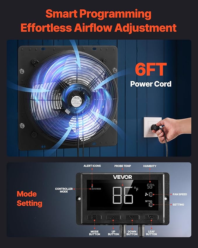 VEVOR 10 inch Exhaust Fan, Wall Mounted Attic Fan with Variable Speed, Temperature & Humidity Controller, 1000 CFM, Automatic Shutter - Image 6