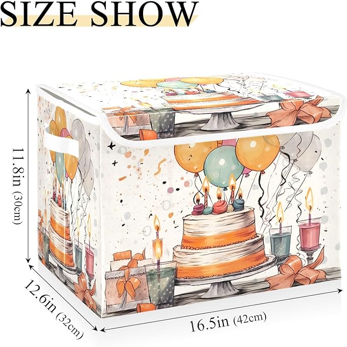 xigua Happy Birthday Pattern Storage Bins with Lids and Carrying Handle,Foldable Storage Boxes Organizer Containers Baskets Cube with Cover for Home Bedroom Closet Office - Image 3
