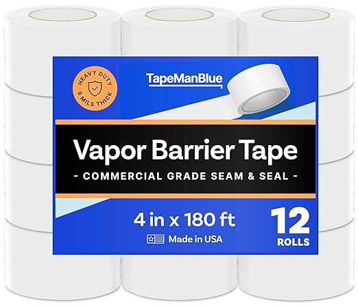 Vapor Barrier Tape - 4 inch x 180' Roll, Made in USA, White Polyethylene Tape for Crawl Spaces & Moisture Barriers, Waterproof Seal & Seam Tape for Underlayment, Insulation, and Plastic Liners (12) by TapeManBlue