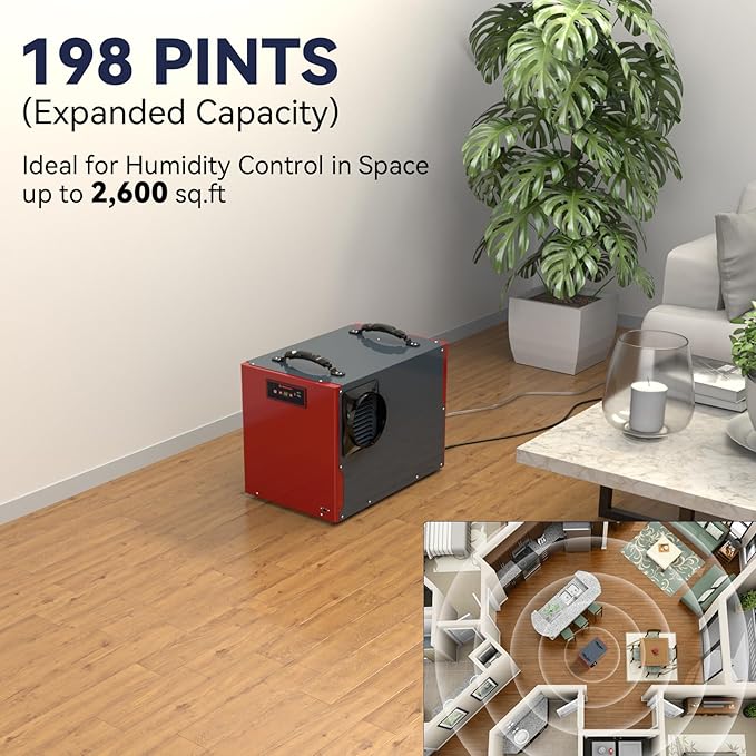 Abestorm 198 Pint Commercial Dehumidifier for Crawlspace, Basement, Large Space up to 2,600 Sq Ft, Industry Water Damage Unit, Auto Defrost, Compact - Image 2