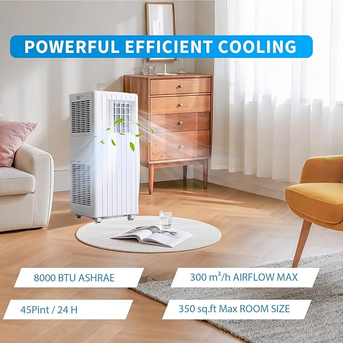 Portable Air Conditioners, Cool up to 350 Sq. Ft, 8,000 BTU 3-in-1 Movable AC for Bedroom with Dehumidifier, Fan, Sleep Mode, 24H Timer, Remote Control, and Window Installation Kit Included - Image 2