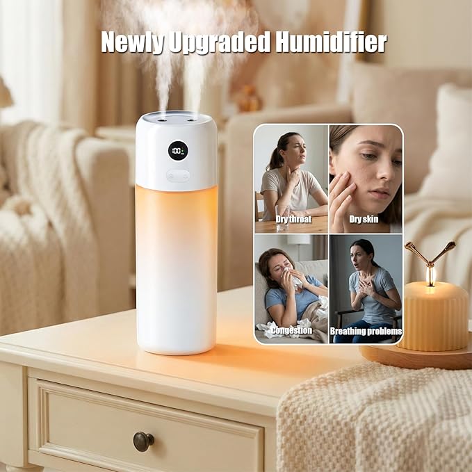 Mini Humidifier for Bedroom, 500ml, Dual Mist Rechargeable Travel Humidifier for Office, Car, Nursery, Auto Shut-Off, Dry-Burn Protection, Timer, Quiet with Night Light (Snow White) - Image 2