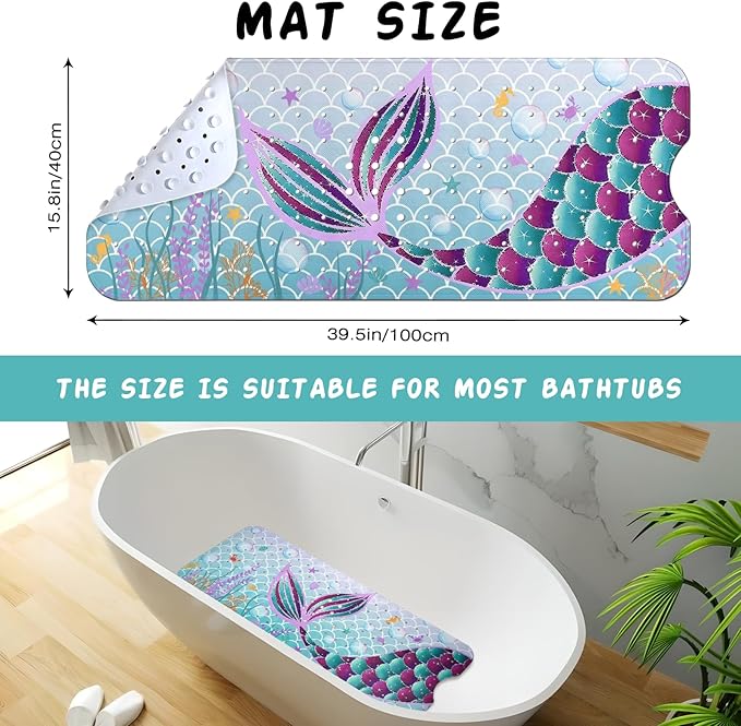 Mermaid Bathtub Mat Non Slip, Cute Baby Bath Mat for Tub Rubber Tub Mat, Kids Bath Mats for Bathroom Little Girls Anti Slip Shower Mat with Suction and Drain Holes Machine Washable, 40″X16″ - Image 2