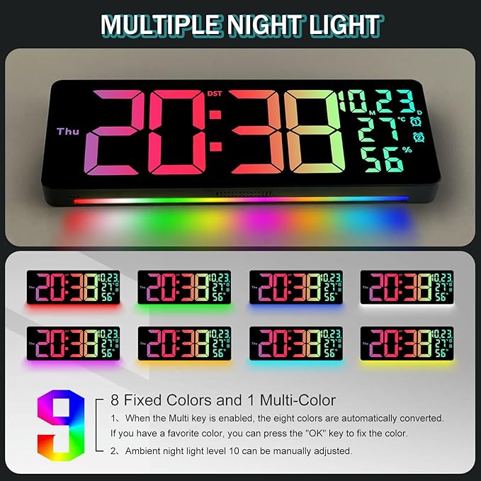JoFomp 17.3" Large Digital Wall Clock, LED Digital Clock Large Display with Remote Control, Alarm Clock with Temp/DST/Dimmer/Humidity/Timer/Ambient Light - 12/24H, Alarm Wall Clock for Bedroom - Image 3