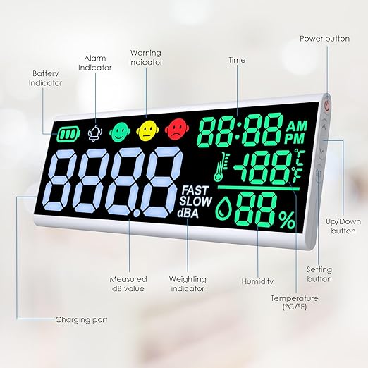 Decibel Meter 13 inches 30~130dB Sound Level Meter, Large LCD Display Wall Hanging Sound Gauge, Noise Level Detector, Decibel Monitoring Device, Time, Temperature, Humidity for Studio Classroom Home - Image 9