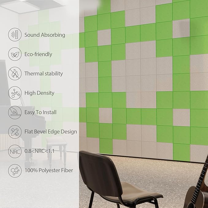12 Pack Acoustic Panels Self Adhesive Sound Proof Foam, High Density Sound Acoustic Panel, 12X12X0.4 Inch Square Panels in Home, Office, Reccording Room, Studio,and more(Fruit Green) - Image 5