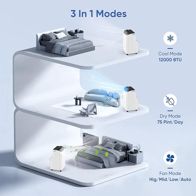 12000 BTU Portable Air Conditioners Cools Up to 500 Sq.Ft, Portable AC Unit with Cool, Dry, Fan Modes, Standing AC Unit with Remote Control and Installation Kit - Image 3