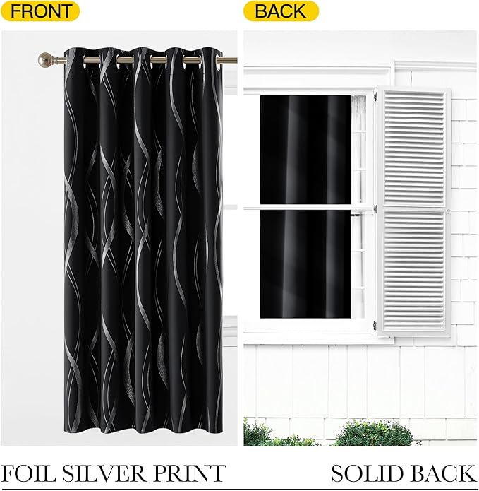 NICETOWN Black Blackout Curtain Panels for Kitchen, 66 x 54 inch, Noise Reducing Thermal Insulated Wave Line Foil Print Design Drapes for Home Decor, 2 Panels - Image 5