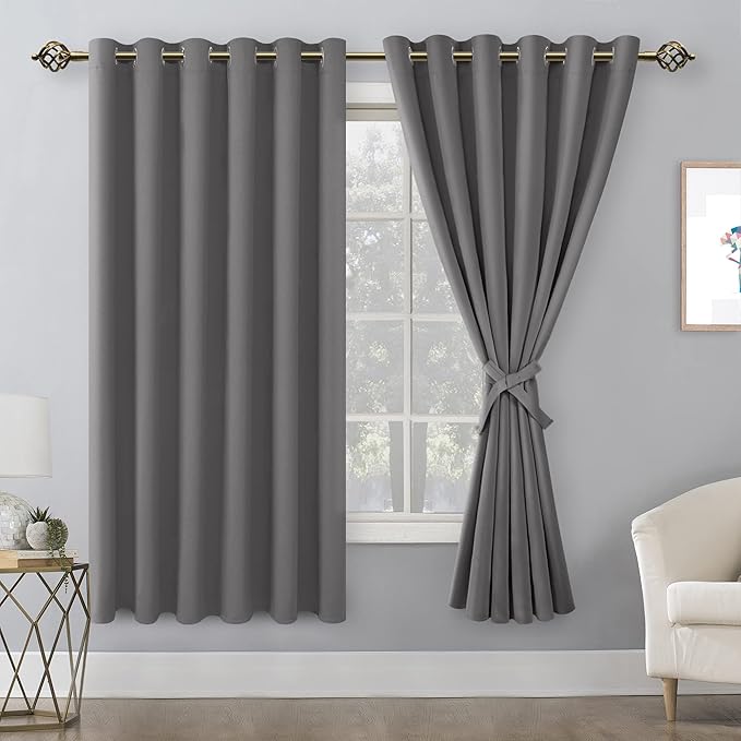 Hiasan Grommet Blackout Curtains for Bedroom, 70 x 63 Inches - Thermal Insulated & Light Blocking Window Drapes for Living Room/Dorm Room, Set of 2 Panels Sewn with Tiebacks, Light Grey - Image 2