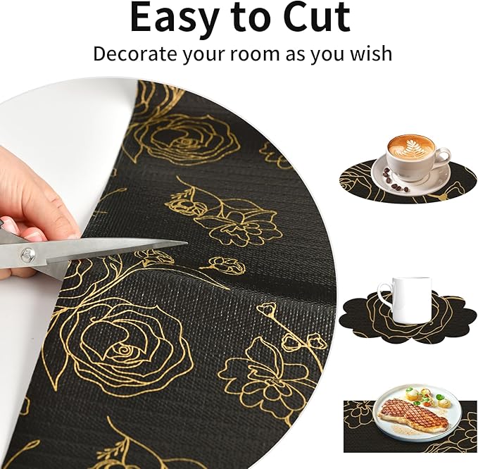 Shelf Liners for Kitchen Cabinets 12in x 30FT Non Adhesive Drawer Liner Black Floral Thickened Shelf Liner Paper Strong Non-Slip Easy to Clean for Tool Box Refrigerator with Knife and Tape Measure - Image 4