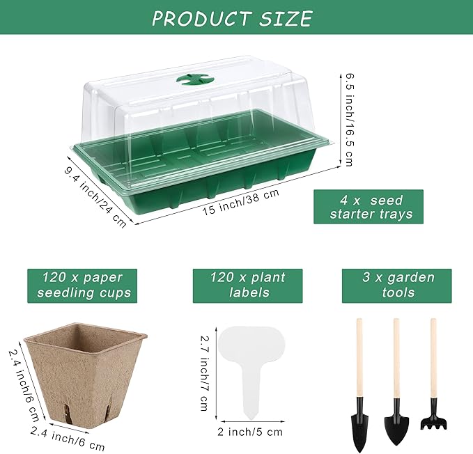 4 Pack Seed Starter Tray Kit, 120 Square Seed Peat Pots for Seedlings with Plants Labels, Planting Tools, Plastic Growing Germination Trays with Lids for Indoor Outdoor Gardening, Green - Image 2