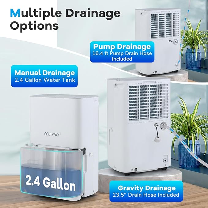 COSTWAY 150 Pints Dehumidifier with Pump, 7000 Sq.Ft Portable Home Dehumidifier for Basements with 2 Modes & 3 Fan Speeds, 2.4 Gallon Tank,16.4 FT Pump Drain Hose - Image 4