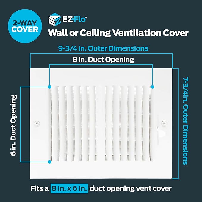 EZ-FLO 8 x 6 Inch (Duct Opening) Air Vent Cover for Wall or Ceiling, Two-Way Ventilation Register, Solid Steel HVAC Register Cover, White, 61661 - Image 2