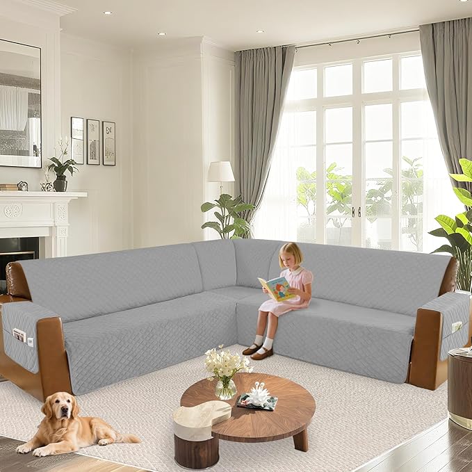 Arfntevss Waterproof Sectional Couch Covers L Shape Washable Velvet Sofa Cover for Sectional Non Slip Large Corner Slipcovers Dog 6 Pcs Universal U Shaped Furniture Protector (Silvery Gray, XX-Large) - Image 6