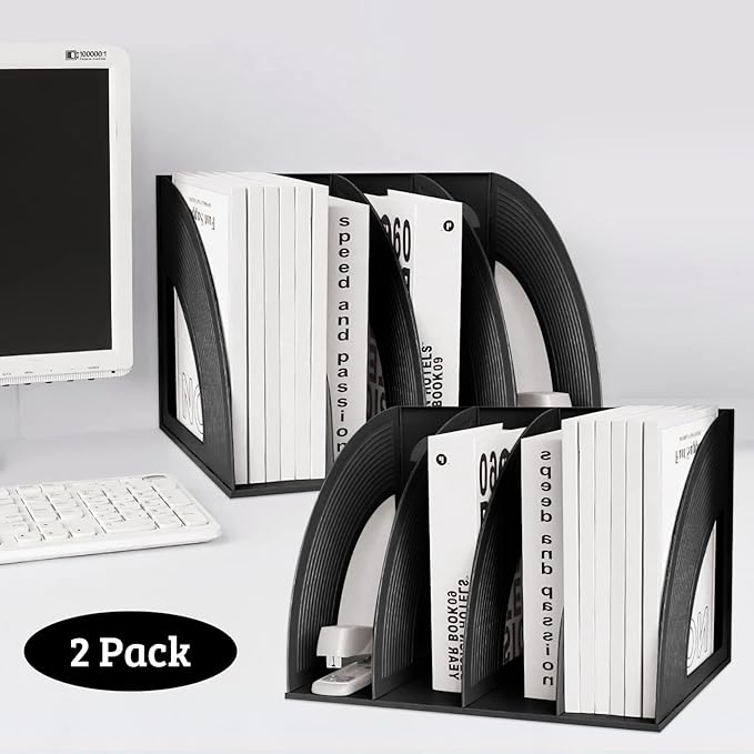 Marte Vanci 2 Pcs Magazine File Holder Book Desktop Organizer Plastic Storage Sturdy Vertical 3 Section Folder (Black) - Image 6