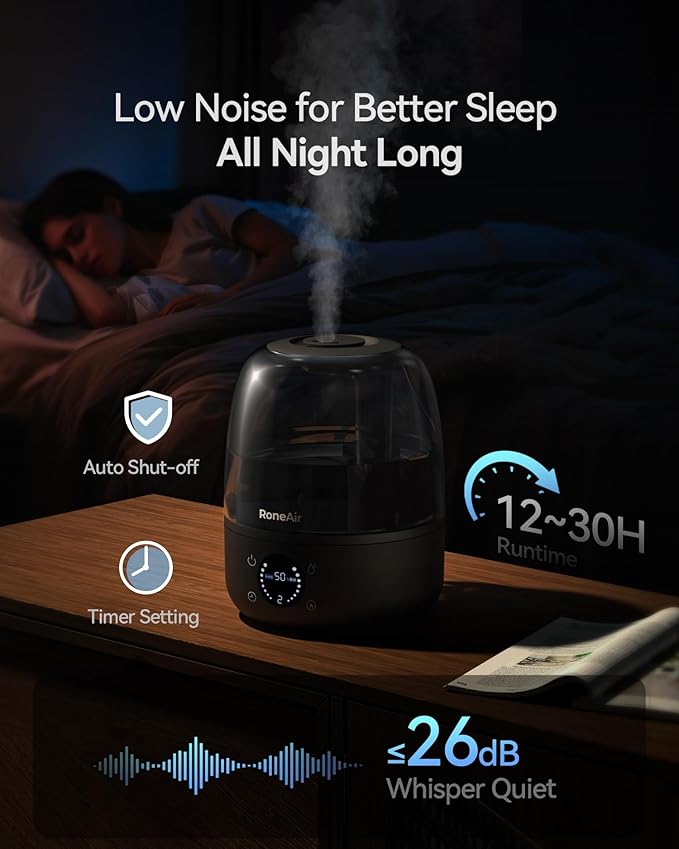 Humidifiers for Bedroom Large Room Home, 3L Cool Mist Humidifiers for Baby Nursery & Plants, Ultrasonic, Oil Diffuser, Timer, Auto Shut-Off, 360° Nozzle, 26dB Quiet, Automatic Mode - Image 5