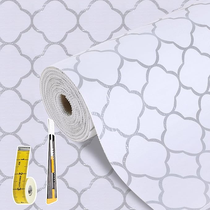 Shelf Drawer Liners for Kitchen Cabinets Non Adhesive Drawer Liner Thickened Refrigerator Liner Silver Quatrefoil Strong Non-Slip Paper for Tool Box with Knife and Tape Measure,23.6 x 236.2 Inches by Kimhan