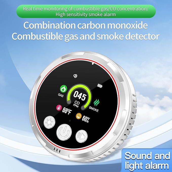5-in-1 Ring Plug in Natural Gas & Smoke & Carbon Monoxide Detectors Combination Built-in 1000mAh Backup Battery 85dB Smoke CO Temp Humidity Senor for Home Hotel Travel (White, 2 Pack) - Image 3