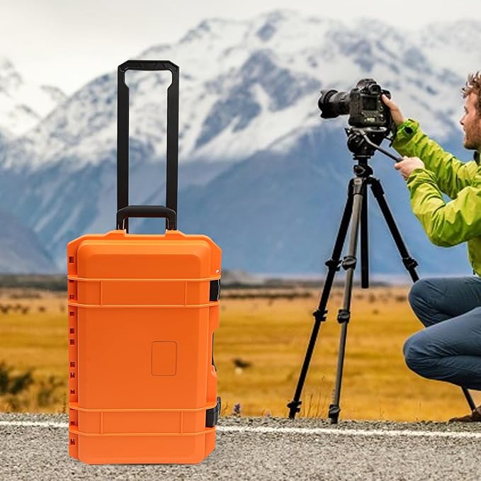 22" Weatherproof Hard Case Rolling Waterproof Case Dry Box with Foam Protective Cases Shockproof Hard Travel Cases For Cameras Lenses Electronic Equipment (Orange) - Image 4
