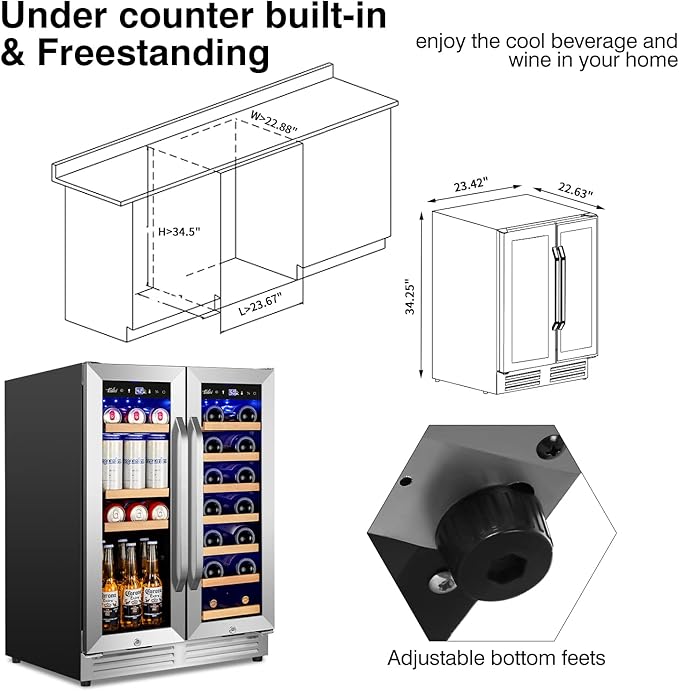 Wine and Beverage Refrigerator Upgraded, 24 Inch Beverage Refrigerator Cooler Dual Zone with Glass Door, Under Counter or Freestanding Beverage Fridge with Large Capacity, Advanced Cooling System - Image 7