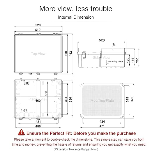 QILIPSU Waterproof Junction Box IP67 Outdoor Plastic Electrical Project Enclosure Weatherproof with Mounting Plate, Wall Brackets, Hinged Grey Cover 20"x16.1"x7.9" - Image 6