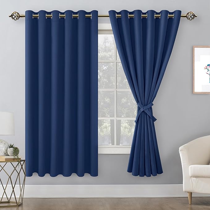 Hiasan Room Darkening Curtains for Bedroom, 70 x 63 Inches - Thermal Insulated & Energy Saving Window Drapes for Living Room/Dorm Room, Set of 2 Panels Sewn with Tiebacks, Navy - Image 2