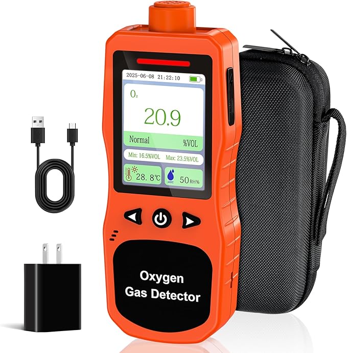 Portable Oxygen Detector, Rechargeable O2 Monitor with Sound, Light, Vibration Alarms, Oxygen Air Quality Meter Measures Temperature & Humidity for Indoor Outdoor Use by ZYKYCX
