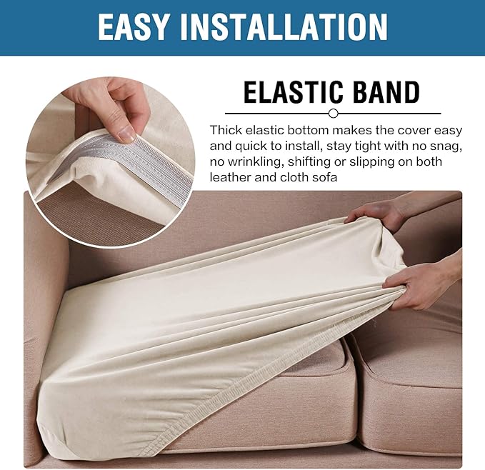 H.VERSAILTEX Velvet Stretch Couch Cushion Cover Plush Cushion Slipcover for Chair Loveseat Sofa Cushion Furniture Protector Seat Cushion Sofa Cover (3 Piece Sofa Cushion Covers, Ivory) - Image 4