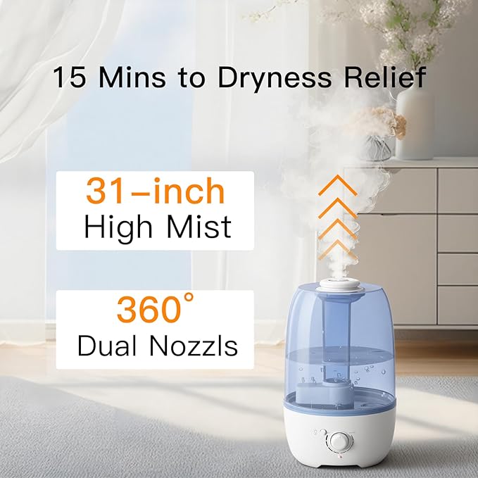 MEGAWISE Cool Mist Humidifier for Kid bedroom with 3.2L Large Capacity, No leakage Design Fine Mist Output Auto Shutoff, Essential Oil Safe Tank (White) - Image 3
