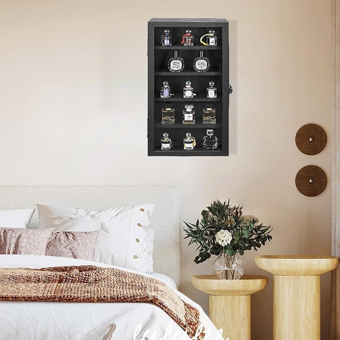 Wall Mounted Wooden Collectible Display Case 5 Shelf Display Storage Accessories Display with Acrylic Door, Sunglass Display Cabinet, Wall Shadow Box, Shelf Thimble Display Case (Black) - Image 5