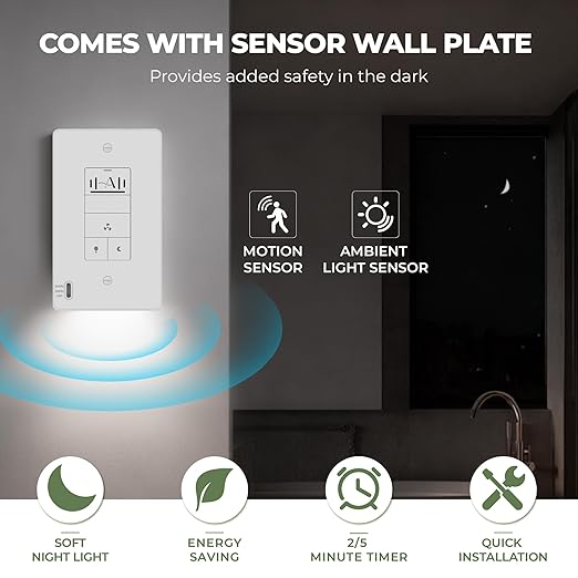 Akicon Humidity Sensor Switch with Motion-Activated Wall Plate, Bathroom Fan Timer Switch for Ventilation, Adjustable Humidity Settings, Fan and Light Control, ETL Listed, White - Image 5