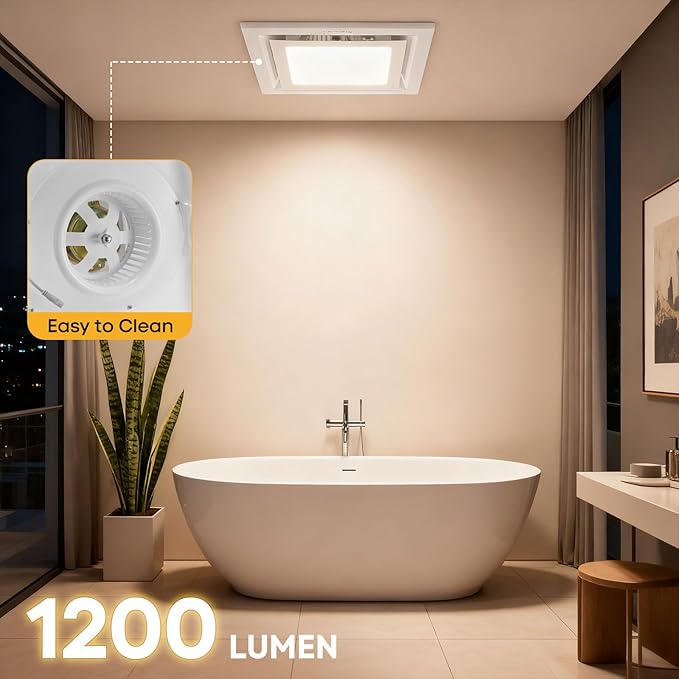 Bathroom Exhaust Fan with Light 12" Ultra Quiet 1.0 Sones,1200LM, 5CCT, Exhaust Fan Mounting Opening 10"x10" in 140CFM Bathroom Fan with Light Ceiling Mount for Home, Bath, Office - Image 8