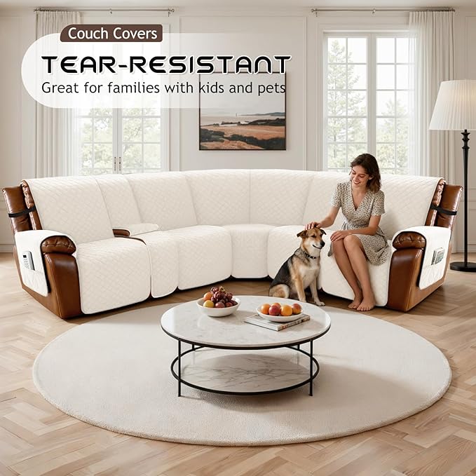 Arfntevss Waterproof Recliner Sectional Couch Covers for Reclining L Shape Sofa Cover Non Slip Washable L Shaped Slipcover Sets for Dog Furniture Protector (5 Seat with 1 Console Cover, Beige) - Image 7