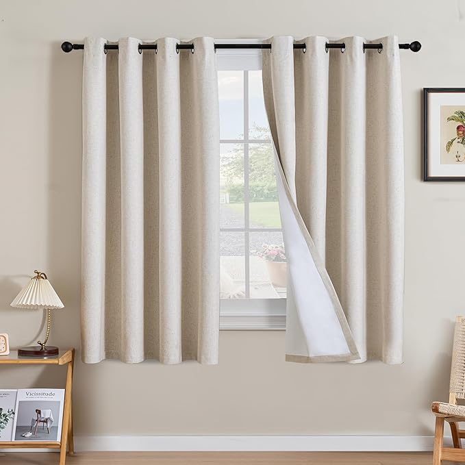 H.VERSAILTEX Linen Curtains 100% Blackout Curtains for Bedroom 63 inch Long Full Light Blocking Nature Linen Blended Window Curtains for Living Room Nickel Grommet (2 Panels, Heathered Natural) by HVERSAILTEX