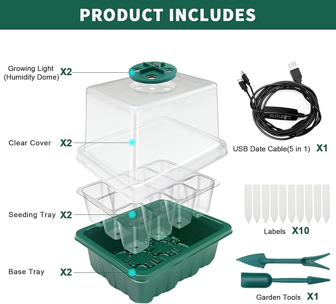 Seed Starter Tray, 2 Pcs Plant Propagation Station with Grow Light,Seedling Starter Trays with Timing Controller,Mini Greenhouse Kit with Humidity Domes and Base,Plant Tray for Seeds Growing Starting - Image 7