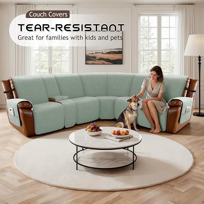 Arfntevss Waterproof Recliner Sectional Couch Covers for Reclining L Shape Sofa Cover Non Slip Washable L Shaped Slipcover Sets for Dog Furniture Protector (5 Seat with 1 Console Cover, Sage Green) - Image 7
