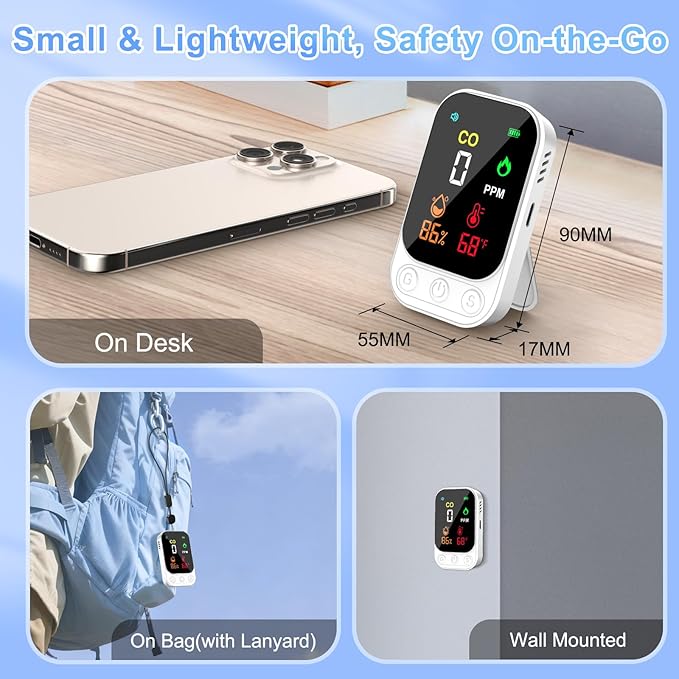 Portable Carbon Monoxide Detectors, 3-in-1 CO Detector – Mini CO, Temp & Humidity Sensor with 85 dB Alarm, Fold-Out Kickstand & Lanyard, Ultra-Low-Power Plug-Free Safety for Home, RV, Camp or Hotel - Image 5