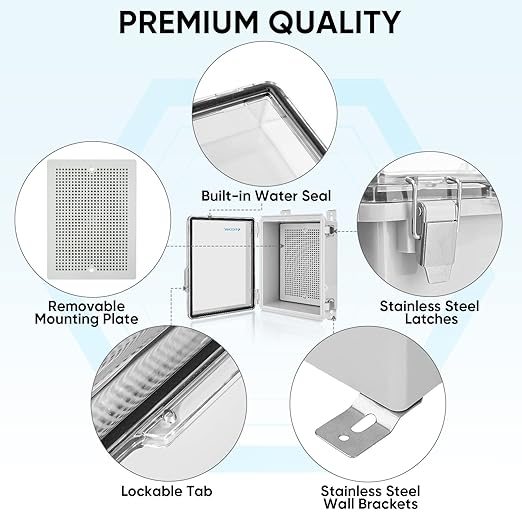 TICONN Outdoor Electrical Box Waterproof, Junction Box IP67 ABS Plastic Enclosure with Hinged Cover with Mounting Plate, Wall Brackets, Cable Glands (Clear, 8.7"x6.7"x4.3") - Image 4