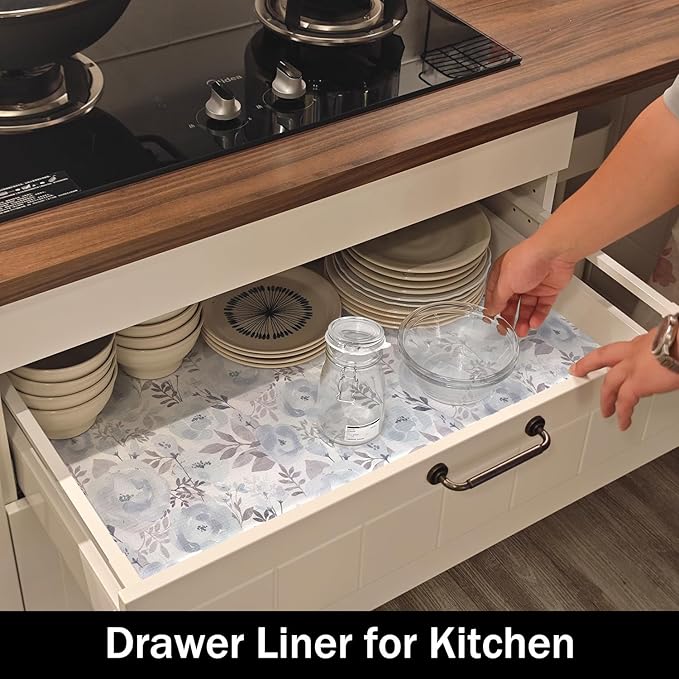 Blue Peony Shelf and Drawer Liner for Kitchen,Non-Adhesive and Strong Non-Slip Floral Cabinet Drawer Liners for Kitchen Shelf, Waterproof Cupboard Liners,Easy to Clean,12IN x 10FT - Image 6