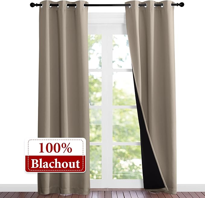 NICETOWN Taupe Full Shade Curtain Panels, Pair of Thermal Insulated & Energy Efficiency Blackout Curtains for Living Room Windows, Lined Silky Performance Window Dressing (37" Wide x 84" Long, Taupe) - Image 2